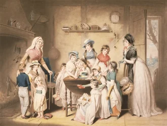 Los Huérfanos del Marinero, o La Suscripción de las Señoritas, grabado por William Ward (1766-1826), pub.1800
